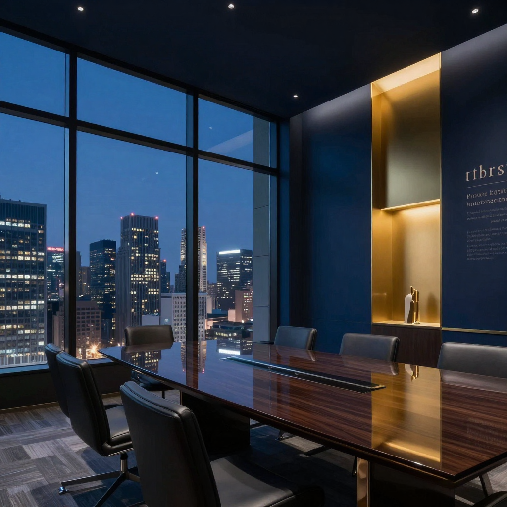 Premium private equity office interior with city views